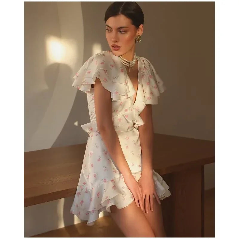 Women Elegant Printed Short Dress Chic V-neck Short Sleeve A-line Bodycon Mini Dresses 2026 Lady New Summer Vacation Street Robe