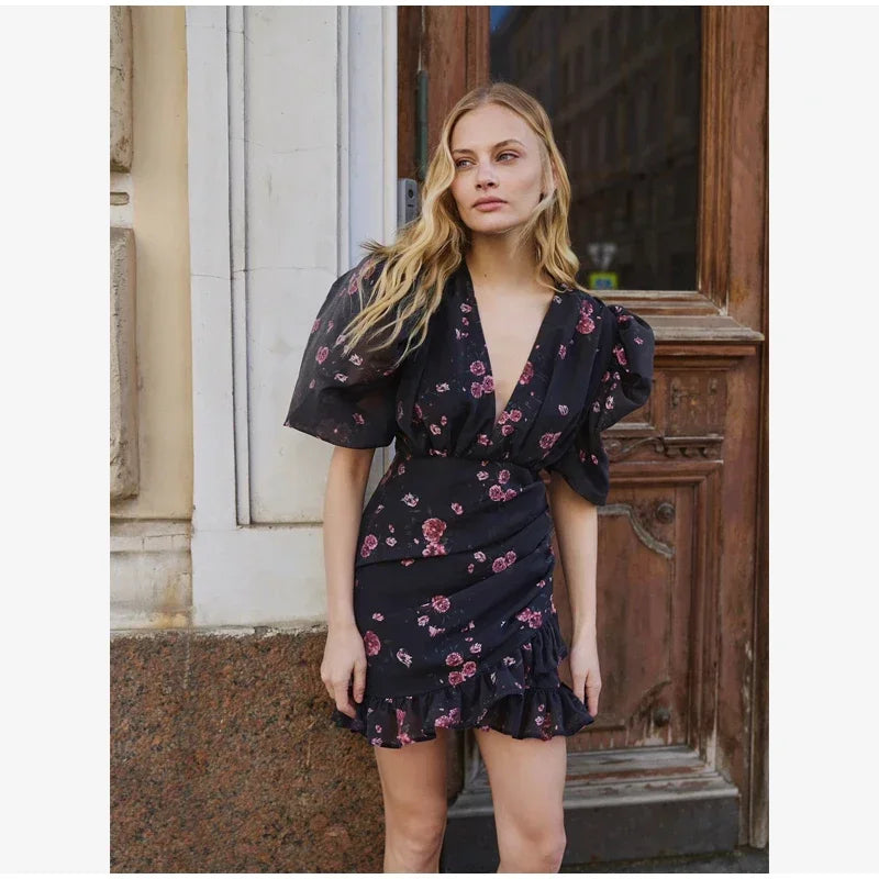 Women Elegant Printed Short Dress Chic V-neck Short Sleeve A-line Bodycon Mini Dresses 2026 Lady New Summer Vacation Street Robe