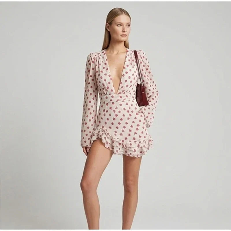 Women Elegant Printed Short Dress Chic V-neck Short Sleeve A-line Bodycon Mini Dresses 2026 Lady New Summer Vacation Street Robe