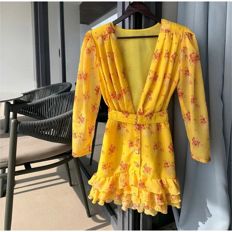 Women Elegant Printed Short Dress Chic V-neck Short Sleeve A-line Bodycon Mini Dresses 2026 Lady New Summer Vacation Street Robe