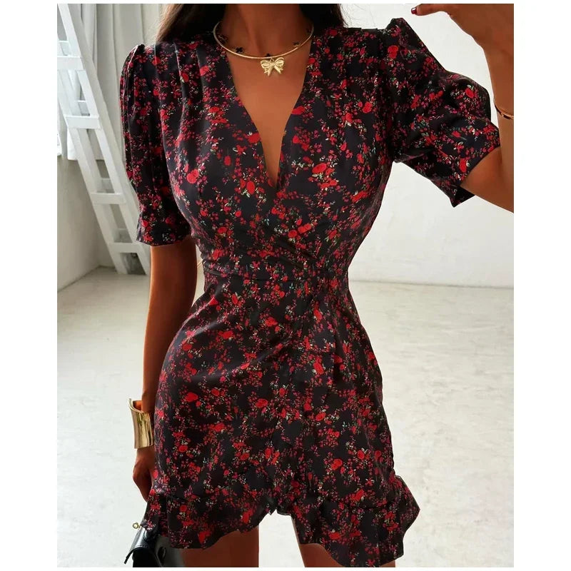 Women Elegant Printed Short Dress Chic V-neck Short Sleeve A-line Bodycon Mini Dresses 2026 Lady New Summer Vacation Street Robe