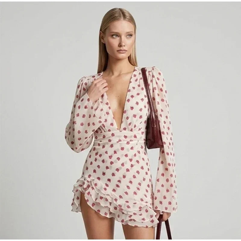 Women Elegant Printed Short Dress Chic V-neck Short Sleeve A-line Bodycon Mini Dresses 2026 Lady New Summer Vacation Street Robe