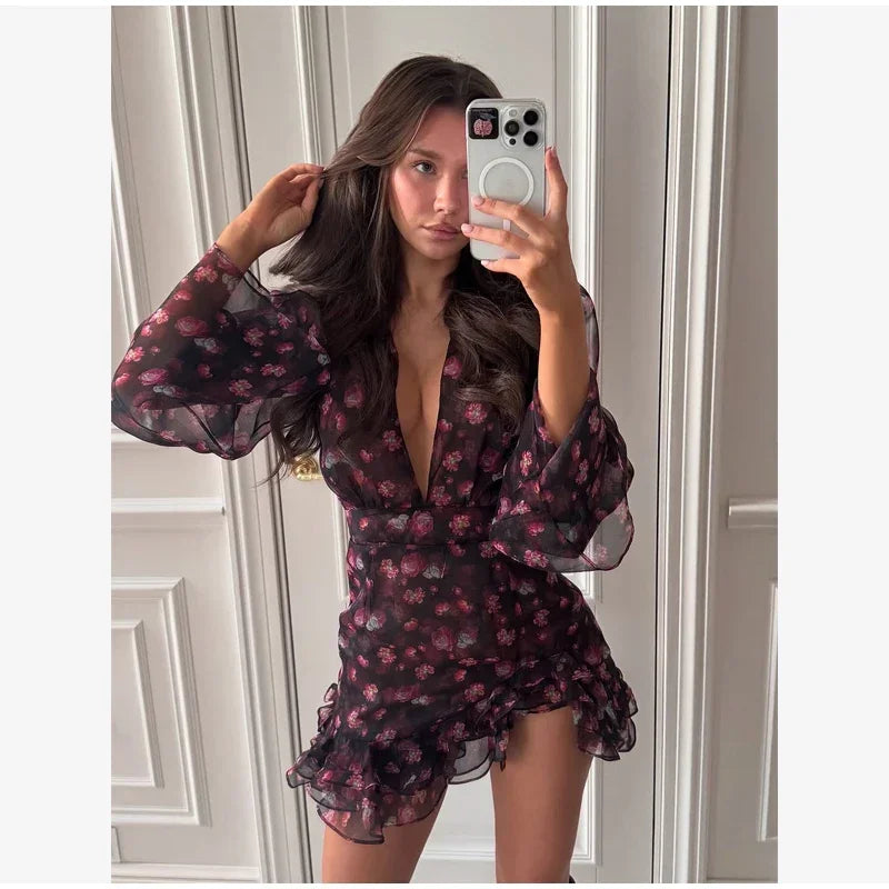 Women Elegant Printed Short Dress Chic V-neck Short Sleeve A-line Bodycon Mini Dresses 2026 Lady New Summer Vacation Street Robe